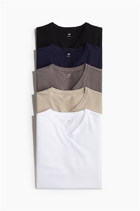 Комплект из 5 футболок с V-образным вырезом в облегающем крое - Фото 12472072
