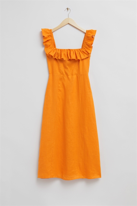 Льняное платье-миди с рюшевым вырезом - Фото 12516938