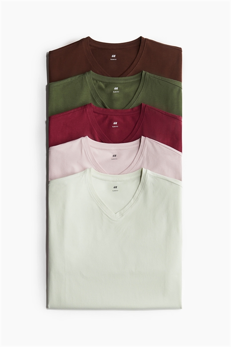 Комплект из 5 футболок с V-образным вырезом в облегающем крое - Фото 12847552