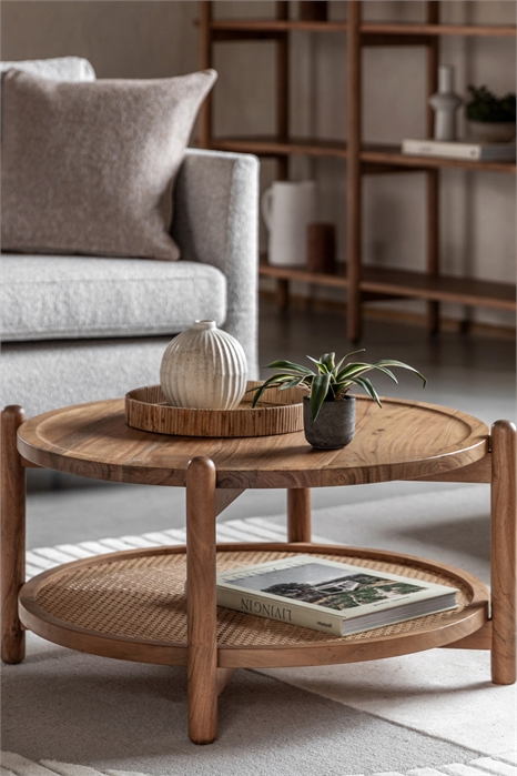 Кофейный столик из дерева акации с полкой из ротанга 1312734001 - Фото 13838174