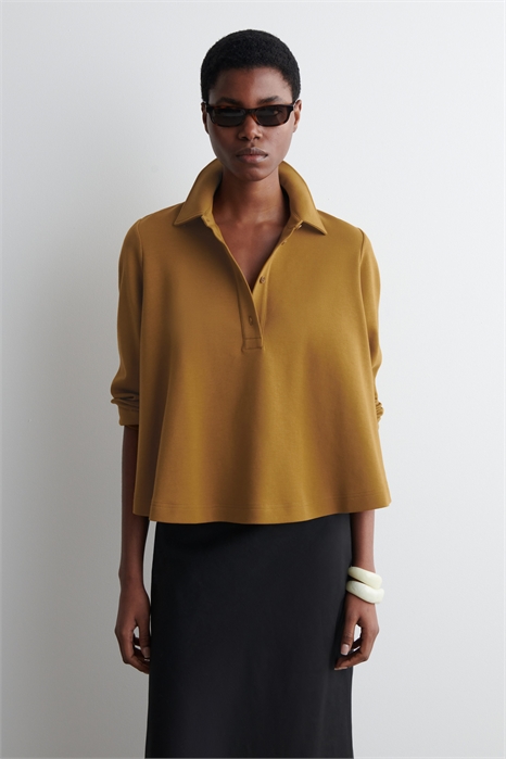 Расклешенная футболка-поло из хлопкового джерси 1259510002 - Фото 14073537