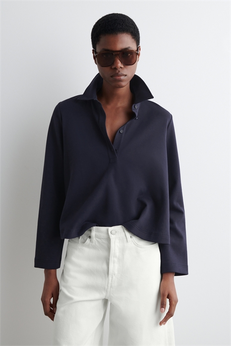 Расклешенная футболка-поло из хлопкового джерси 1259510001 - Фото 14074617