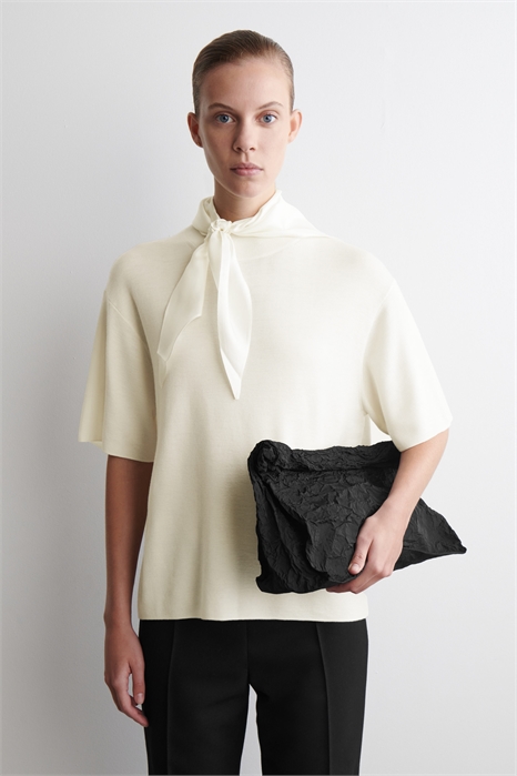 Футболка из мериносовой шерсти с отделкой шарфом 1272732002 - Фото 14076366