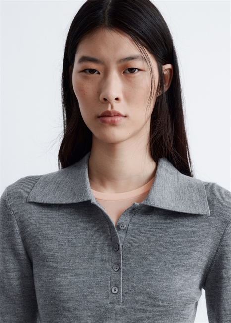 Рубашка-поло из мериносовой шерсти с ребристой вязкой 1316400001 - Фото 14166269