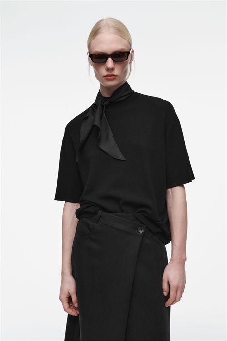 Футболка из мериносовой шерсти с отделкой шарфом 1272732001 - Фото 14173104