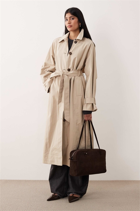 Пальто-тренч с завязывающимся поясом на спине, цвет камень артикул 153681983