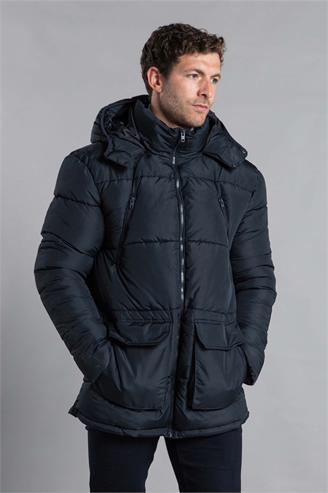Длинная куртка-парка с капюшоном и утеплителем, темно-синего цвета артикул 152059142