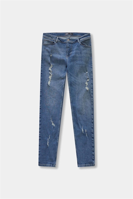 Джинсы с эффектом потертости и зауженным кроем артикул 154233225