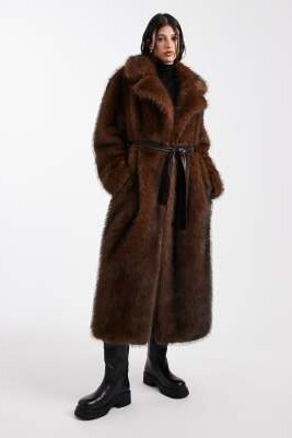 ASOS DESIGN Длинная куртка из искусственного меха с поясом для высоких артикул 150204199