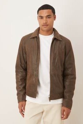 Куртка Харрингтон из натуральной кожи с эффектом винтажной потертости артикул 150641650