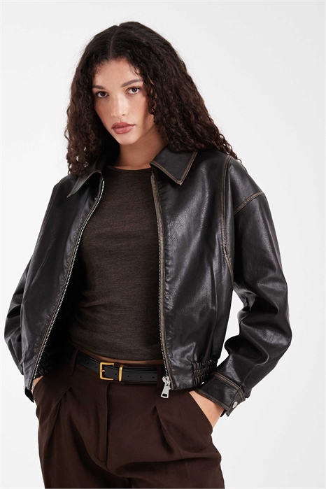 Среда Девичья искусственная кожаная куртка оверсайз черного цвета артикул 152903986