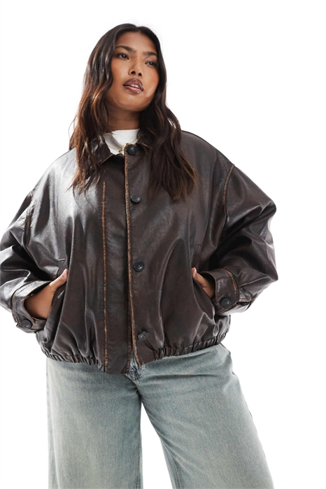 ASOS DESIGN Curve бомбер из кожи с эффектом винтажной стирки, коричневый артикул 142681579
