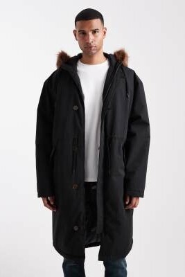 Оверсайз-пуховик с капюшоном из искусственного меха черного цвета артикул 147971553