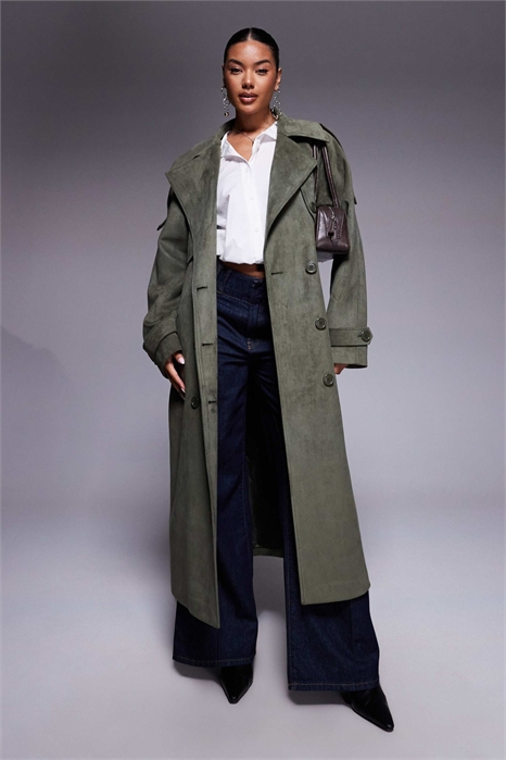 Макси-пальто из искусственной замши с поясом, цвет хаки артикул 146139332