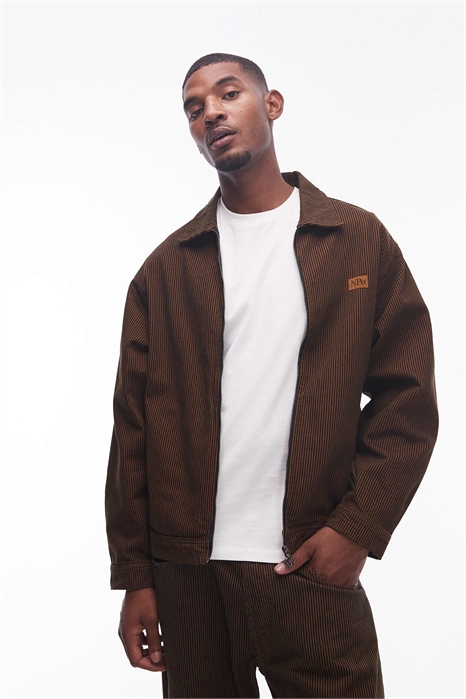 Найока, комплект из хлопковой куртки-харингтон с застежкой-молнией и брюк в коричневую полоску артикул 149080836