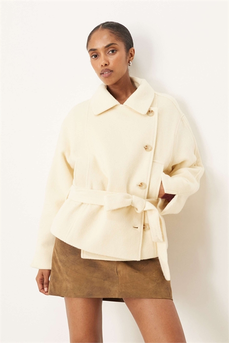 Короткий тренч из смешанной шерсти с низко расположенным поясом артикул 146853218