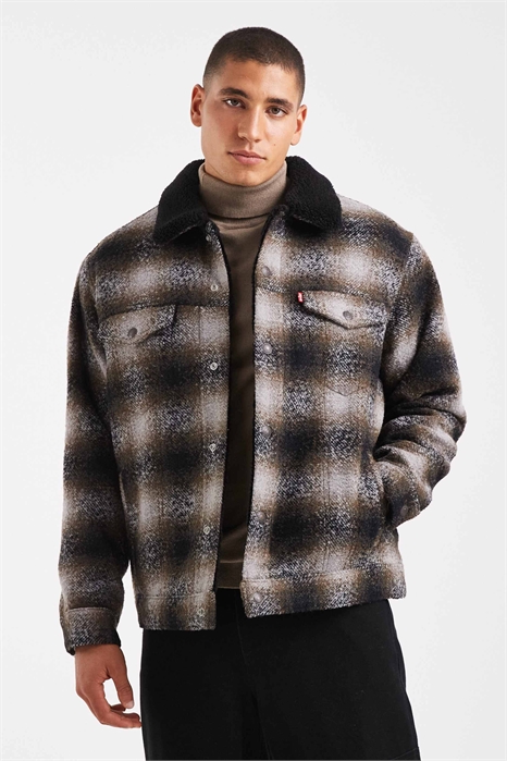 Свободная шерстяная куртка-тракер с клетчатым узором черного цвета артикул 142169044