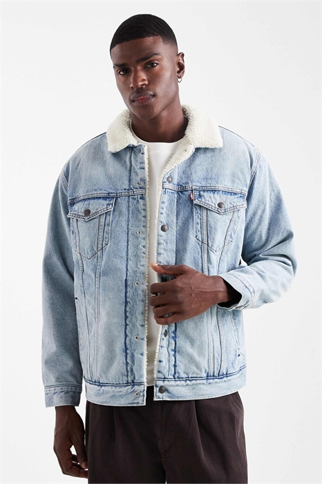 Джинсовая куртка-тракер свободного кроя из шерпа с эффектом винтажной стирки средней интенсивности артикул 142117771