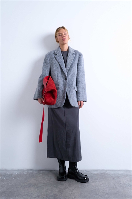 Длинное пальто-блейзер из шерсти с ворсовой отделкой и одной пуговицей артикул 142325474