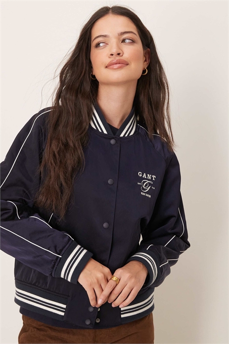 Бомбер с логотипом из атласа, темно-синий артикул 141005416