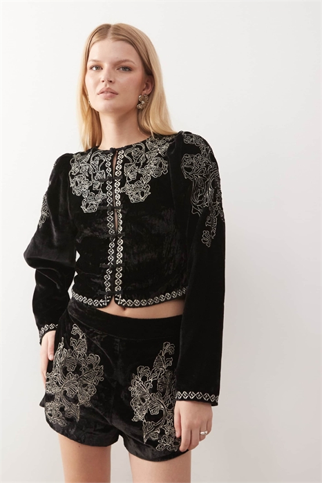 Бархатный пиджак с вышитыми рукавами-буфетками артикул 148037095