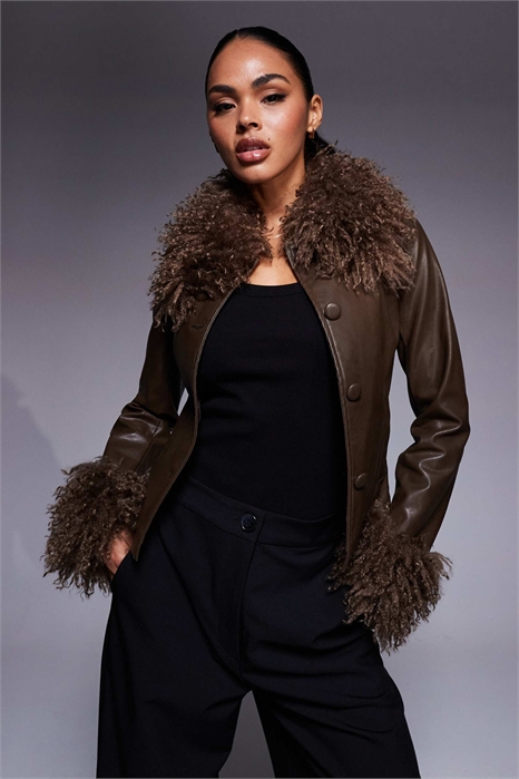 Купидон: кожаная куртка с ворсистой отделкой из искусственного меха артикул 147662143