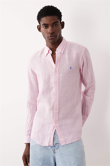 Рубашка с длинными рукавами из полосатого льна с логотипом в виде значка артикул 154032161