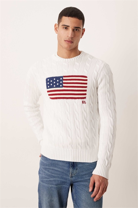 Свитер из хлопка с узором «коса» и флагом США на груди артикул 152670610