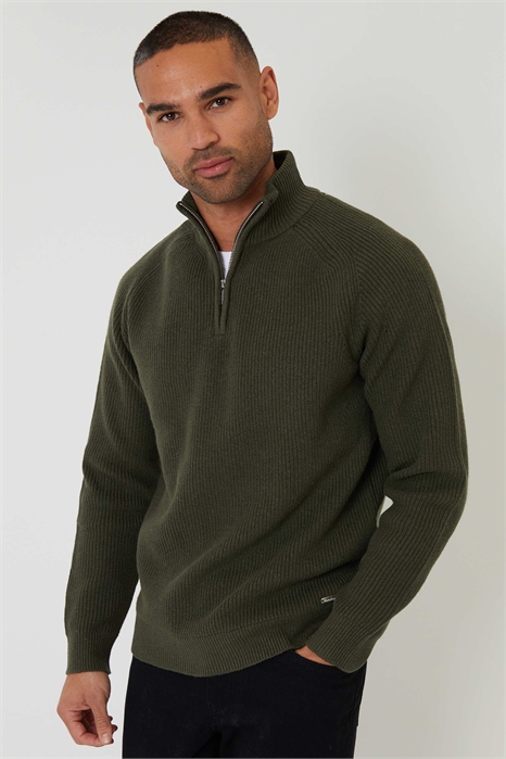 Свитер из трикотажа с ребристыми вставками из смесовой ткани и застежкой-молнией на четверть длины артикул 151348171