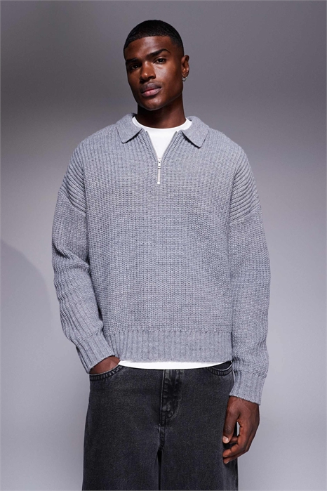 Свободный крой, тяжелая трикотажная смесовая шерсть, четверть-молния, поло, серый меланж артикул 142202082