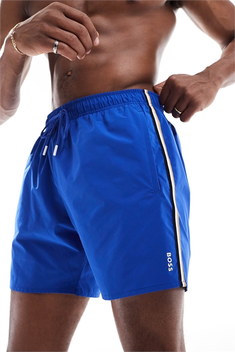 Плавательные шорты Boss Iconic с логотипом, синего цвета, с боковой полосой артикул 141705050