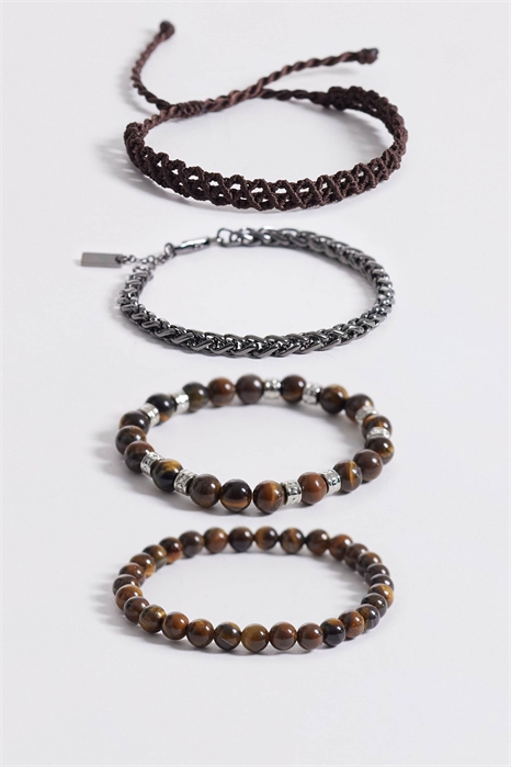 Браслет из полудрагоценных бусин «тигровый глаз» и цепочки, комплект из 4 штук артикул 155215980