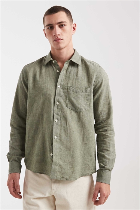 Рубашка с длинными рукавами из смешанного льна, прямой крой, цвет шалфей артикул 153808543