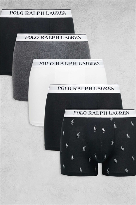 Набор из 5 пар классических плавок с логотипом на поясе, однотонных и с рисунком по всей поверхности артикул 148256622