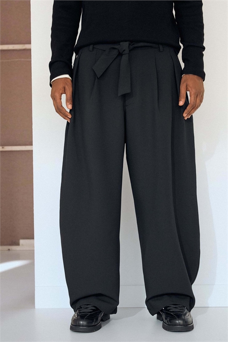 Брюки приталенного кроя с широкими штанинами и ремнем артикул 155054894