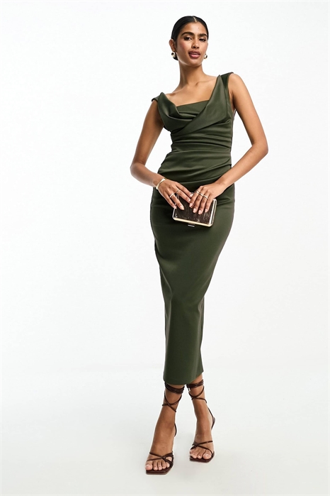 Платье-карандаш средней длины с квадратным вырезом и складками на груди артикул 149553459