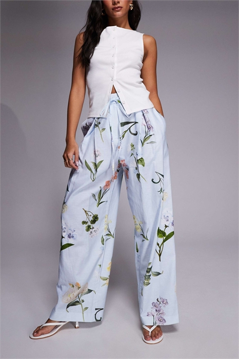 Льняные брюки с широкими брючинами и цветочным принтом артикул 155527711