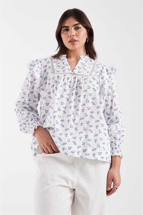 Топ с оборками и цветочным принтом, светло-голубой артикул 153716147