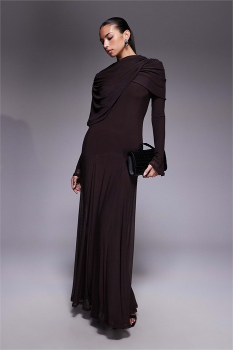 Макси-платье из сетчатого материала с драпированным вырезом артикул 154762479