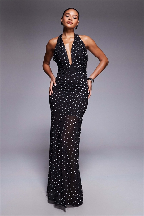 Макси-платье из сетчатого материала с завязками на шее и прозрачной юбкой артикул 151999122