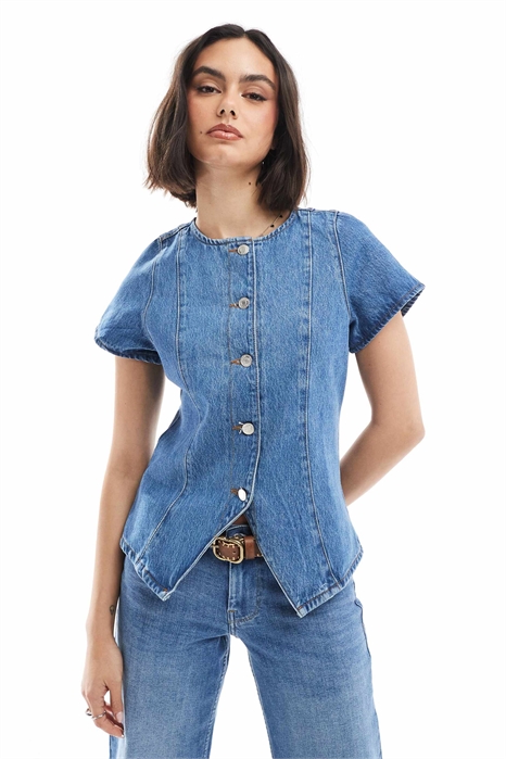 Джинсовая рубашка с короткими рукавами на пуговицах артикул 144136251