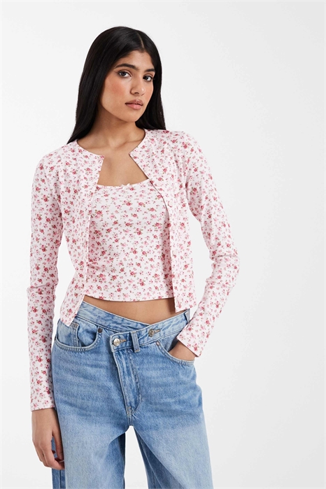 Комплект из кардигана с ребристой вязкой и топа-камизолы артикул 152153885