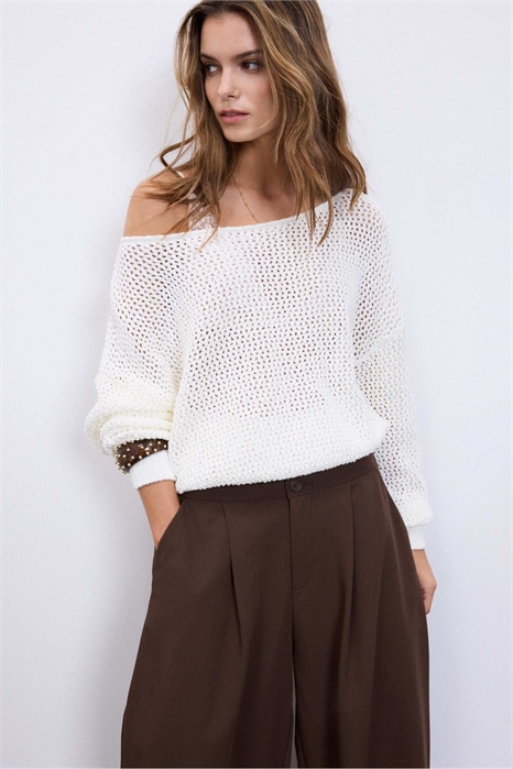 Свитер с лодочным вырезом из сетчатого трикотажа, цвет экрю артикул 156250912