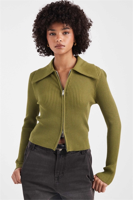 Кардиган с ребристой вязкой, воротником и застежкой-молнией артикул 152631234