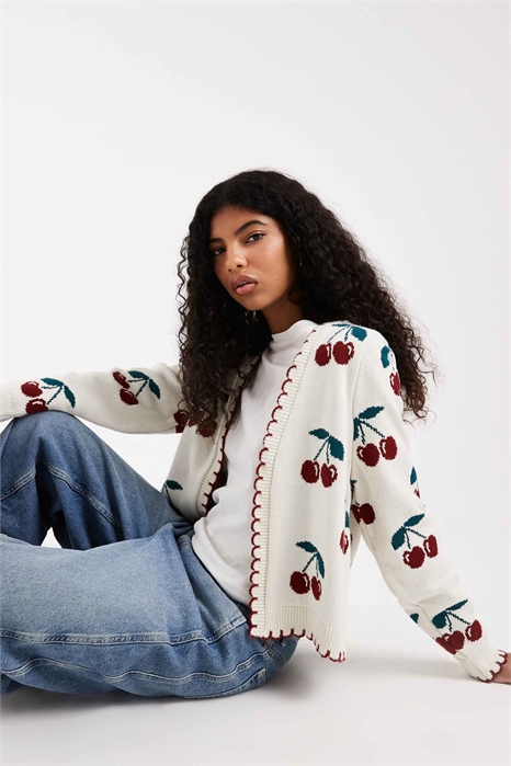 Кардиган с вырезом от края до края с изображением вишен артикул 155221306