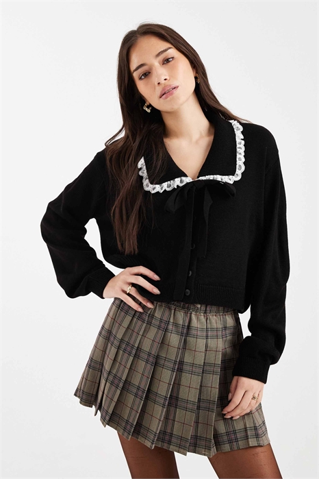 Вязаный кардиган с кружевным воротником и бантиком артикул 155333611