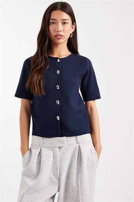 Компактный кардиган из трикотажа с короткими рукавами и контрастными пуговицами артикул 151058160