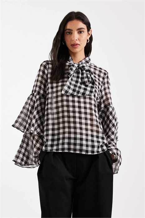 Блузка из ткани в клетку с завязками на шее и многослойными манжетами артикул 152350965