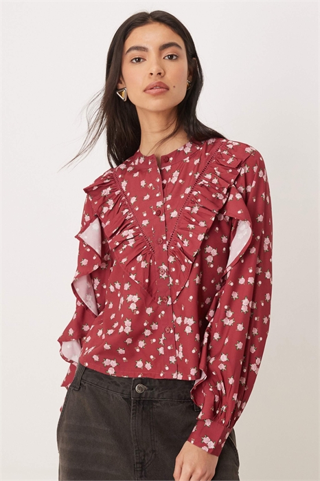 Топ с длинными рукавами, воротником с оборками и цветочным принтом артикул 153720137