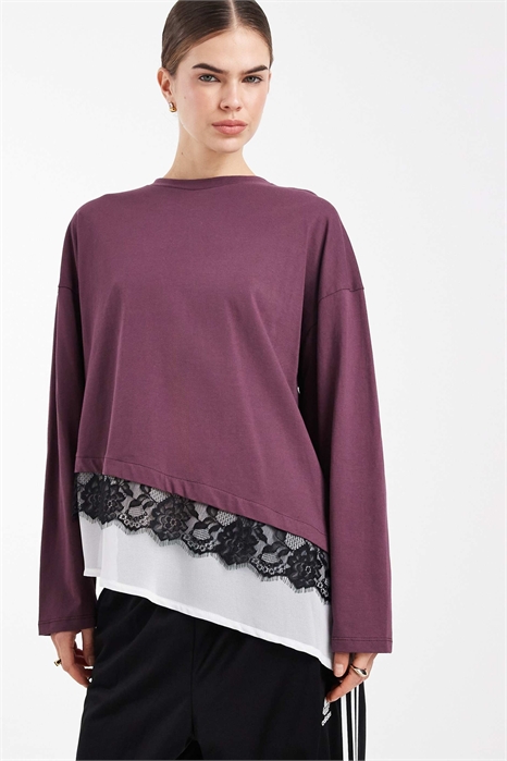 Топ с длинными рукавами, с белой шифоновой подкладкой и кружевной отделкой артикул 154604666